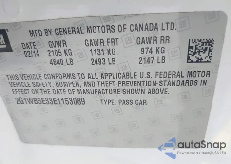 2014 Chevrolet Impala Limited Lt из США, поврежденный, VIN 2G1WB5E33E1153089